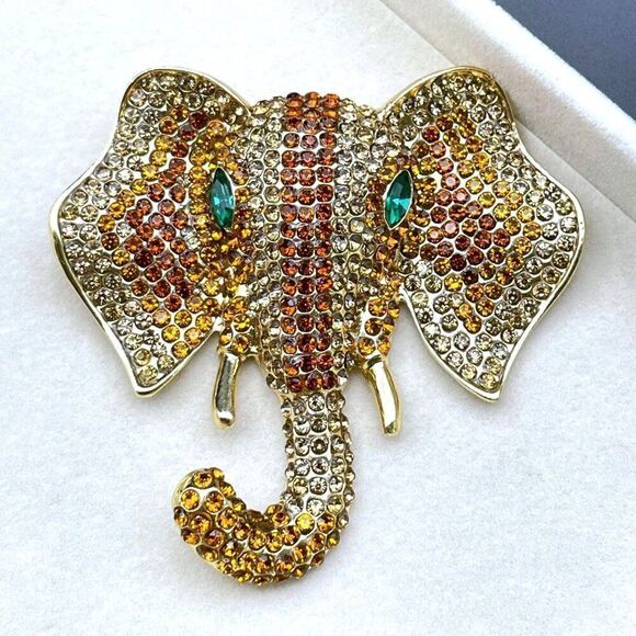 Yellow Gold with Champagne Topaz Crystal Tusked Elephant Pin Back Brooch - Picture 3 of 9